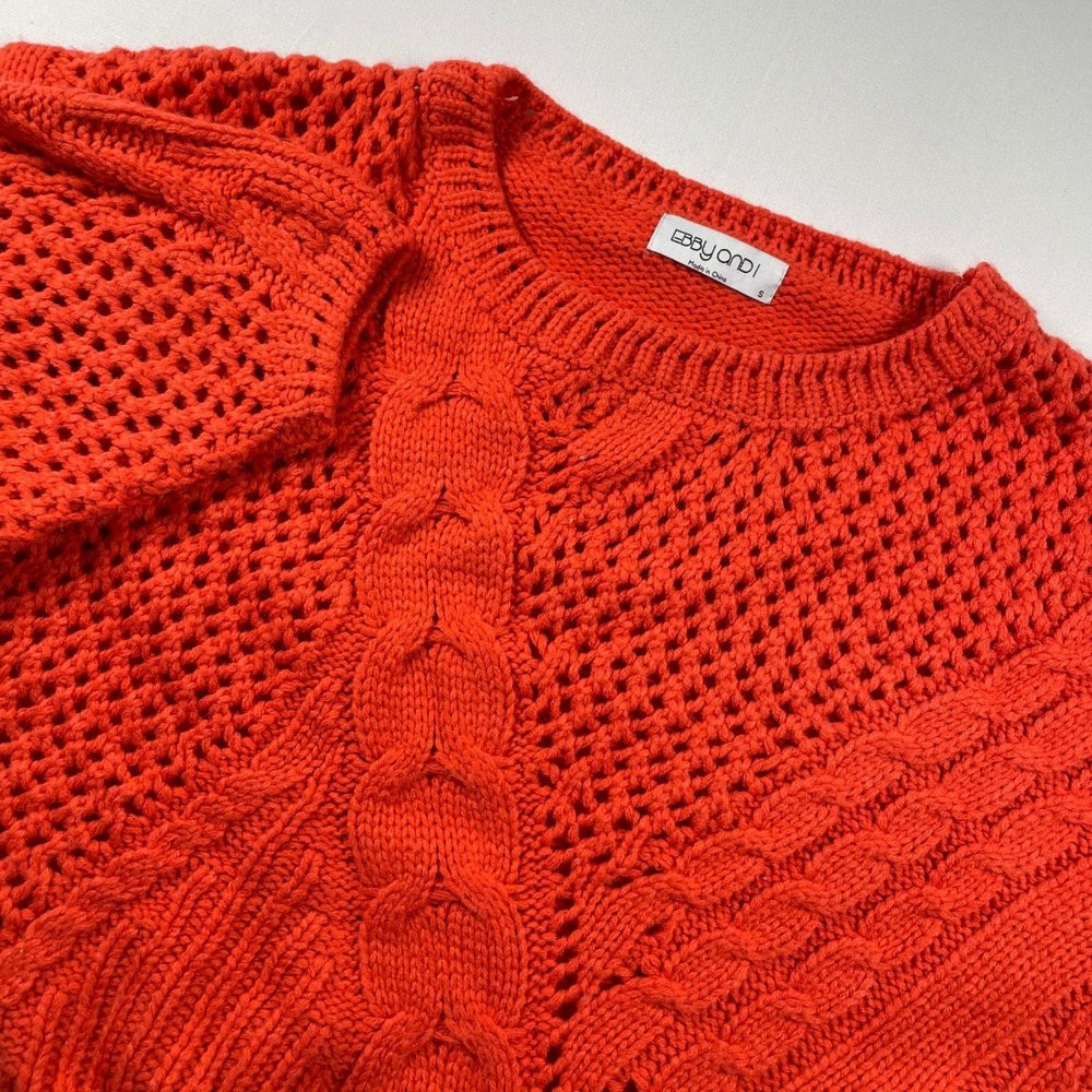 Ebby and‎ I Orange Chunky Cable Knit Cropped Sweater Balloon Sleeve Women Small